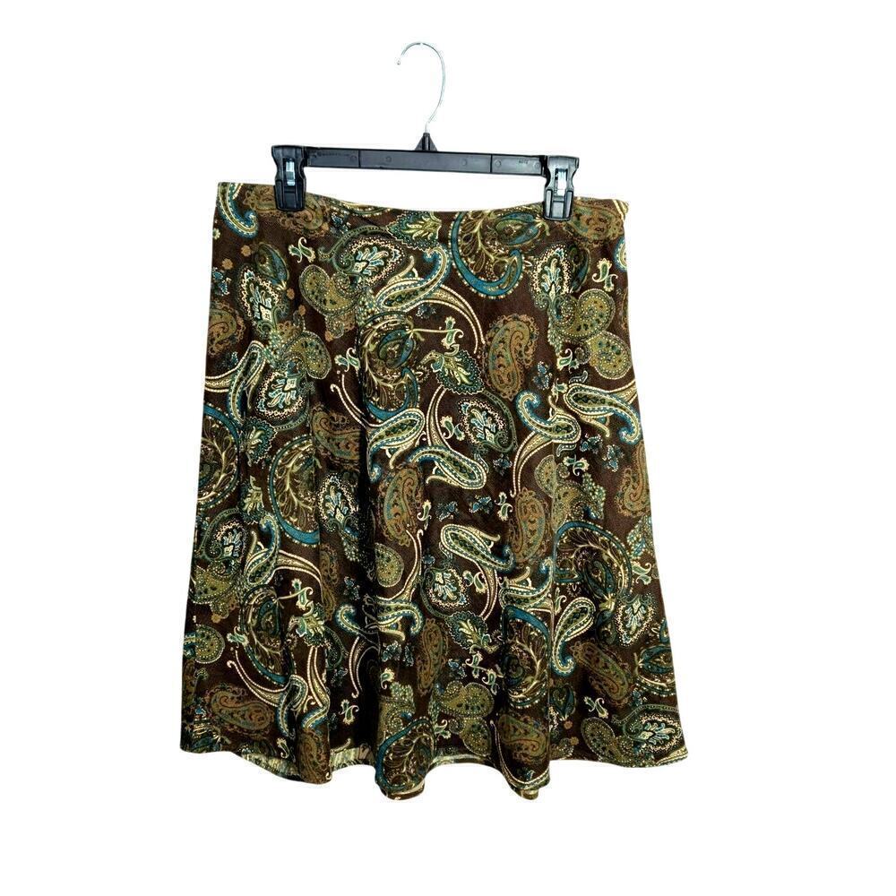 Vintage Y2K Corduroy Western Brown/Green Paisley Cotton Midi Skirt Sz 10 Medium